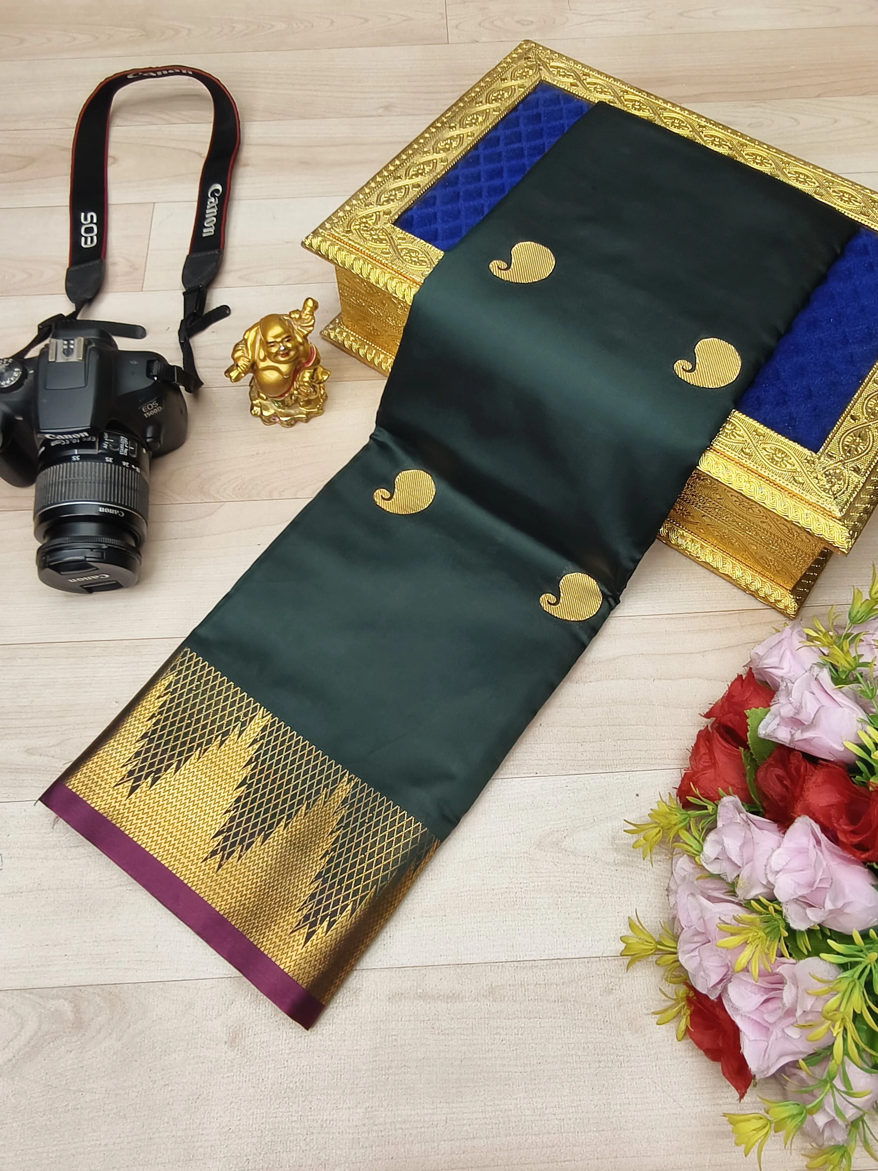 Navy Blue Large Gold Zari Paisley Mango Buttas Soft Silk Saree
